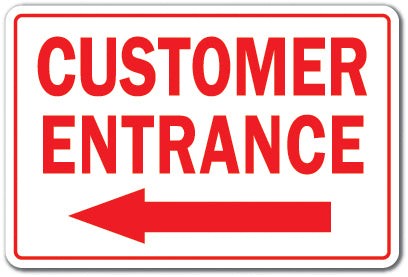 CUSTOMER ENTRANCE LEFT ARROW novelty sticker office entry patron building