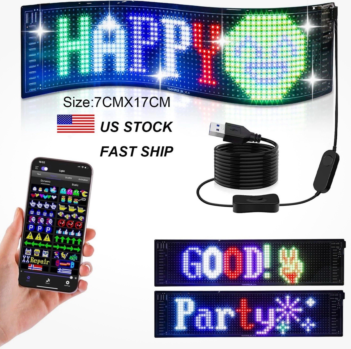 USB LED Car Flexible Sign Scrolling Message Display Screen APP Programmable RGB