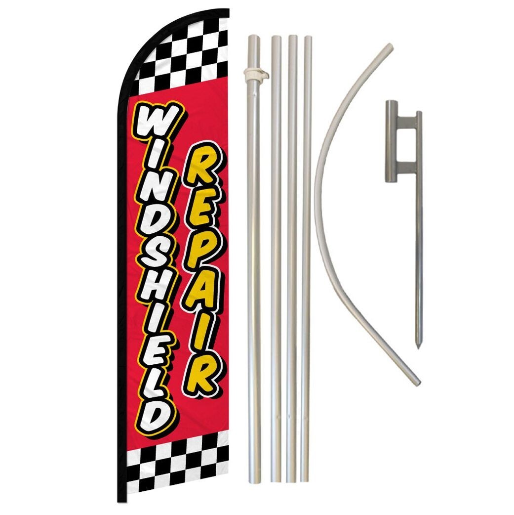 Windshield Repair Red Checkered Windless Full Curve Advertising Flag Pole Kit