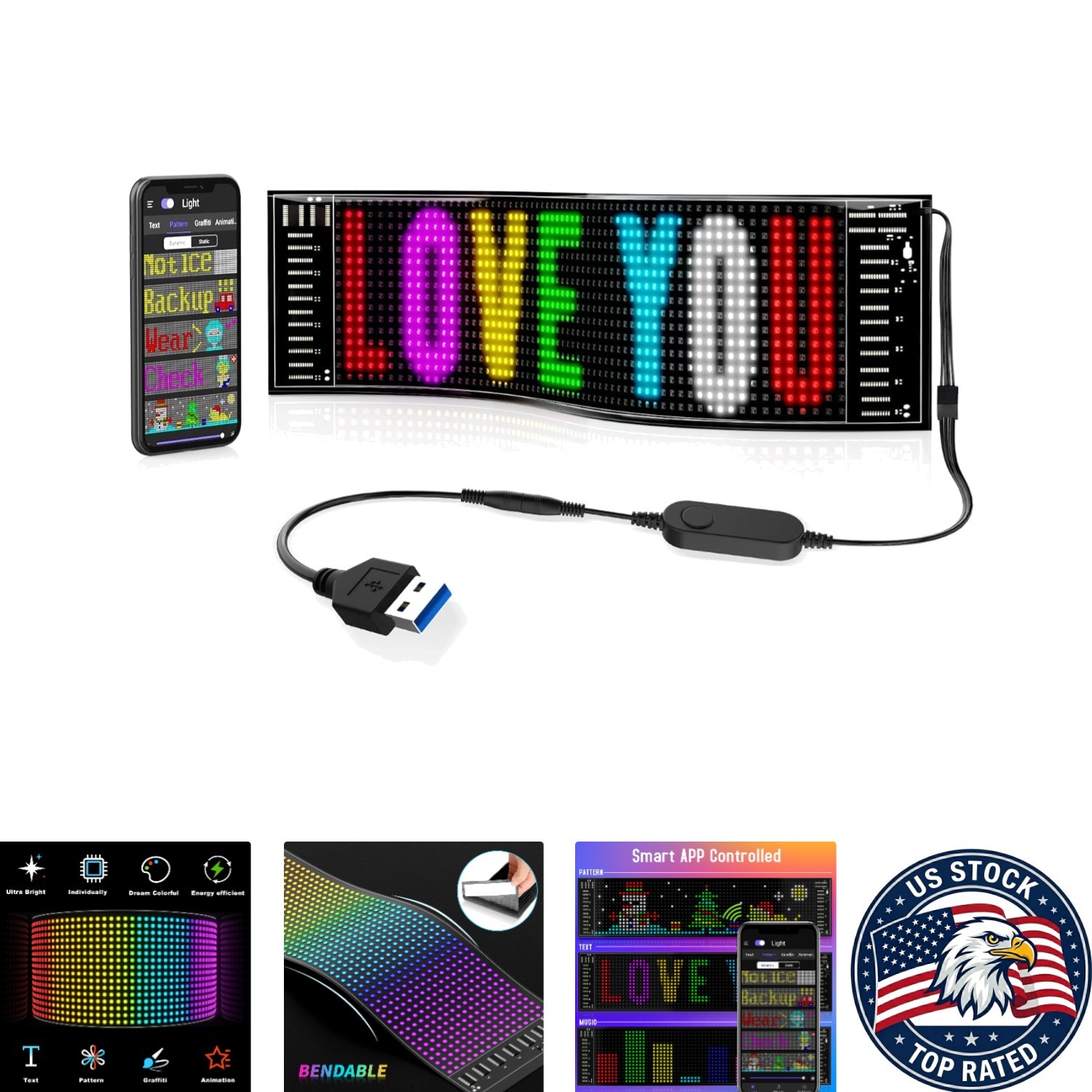 Flexible USB LED Sign with Smart App Control – 15”x4” for Indoor & Outdoor