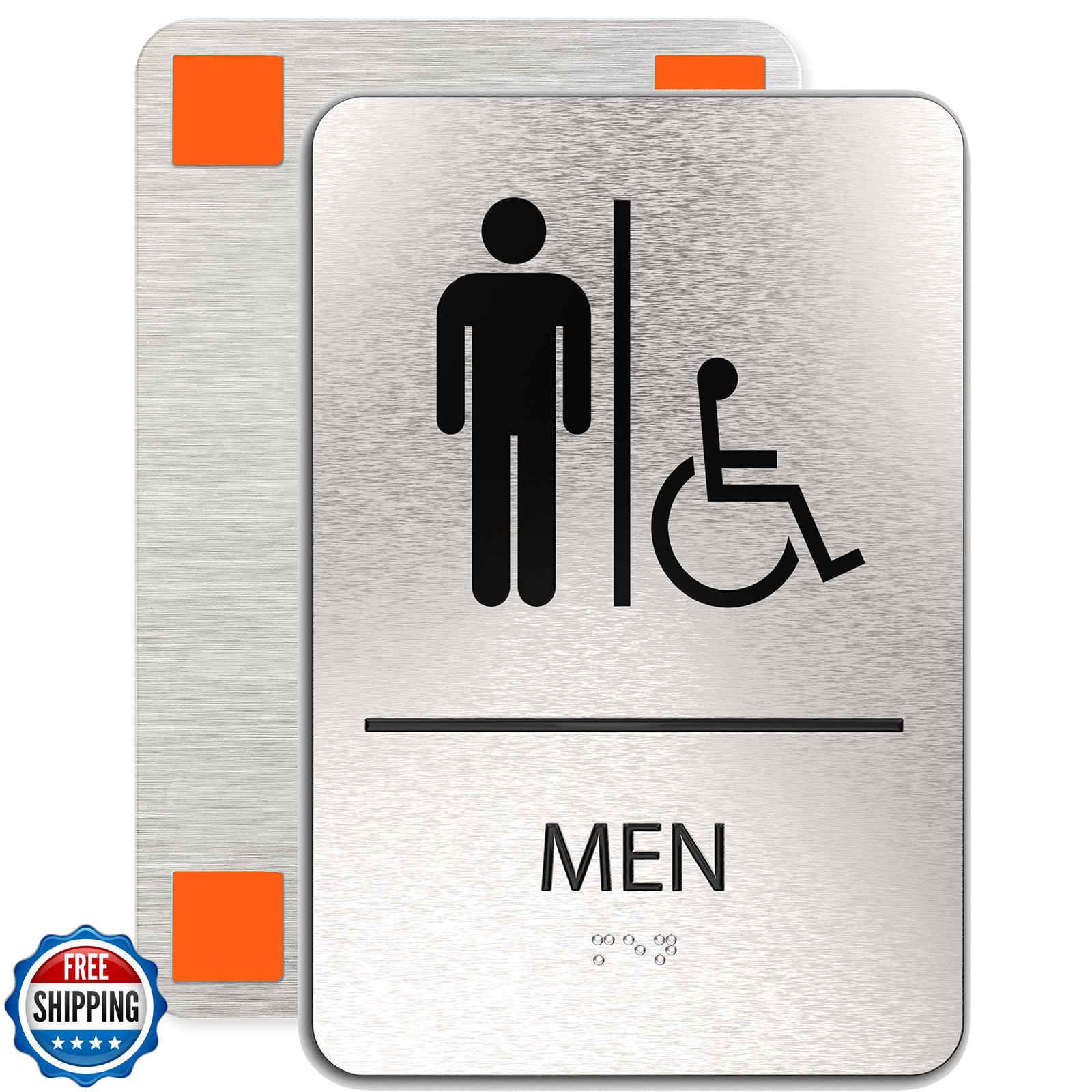 ADASigns Men Restroom Sign – 6″ x 9″ Durable Brushed Aluminum with Braille –