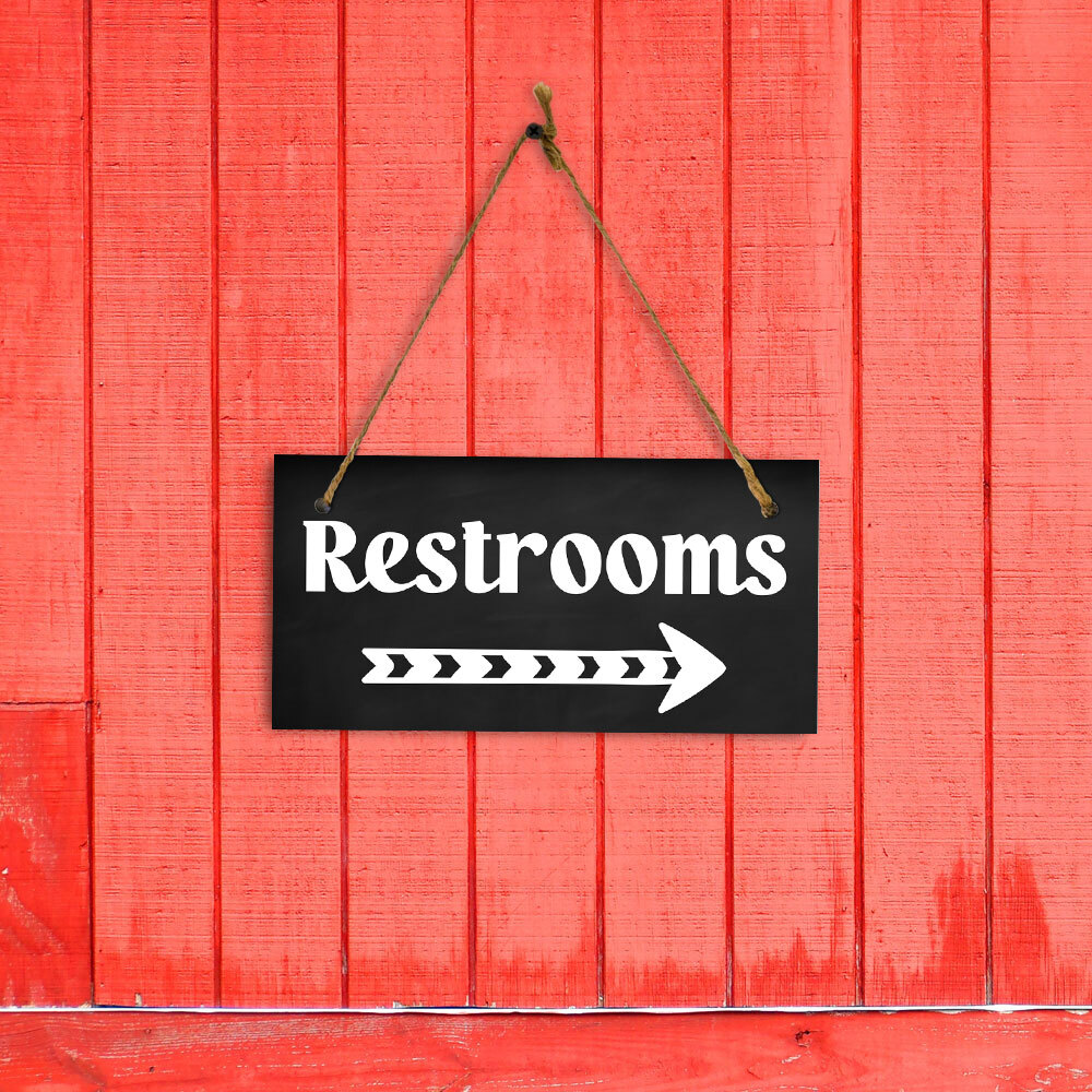 Restrooms Right Arrow 5×10 Hanging Plus Wall or Door Sign | Bathroom Decor
