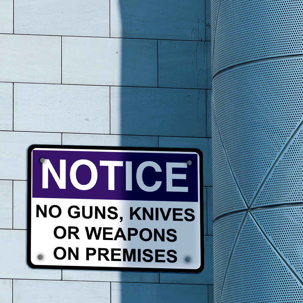 Horizontal Metal Sign Notice No Guns Knives Or Weapons on Premises &