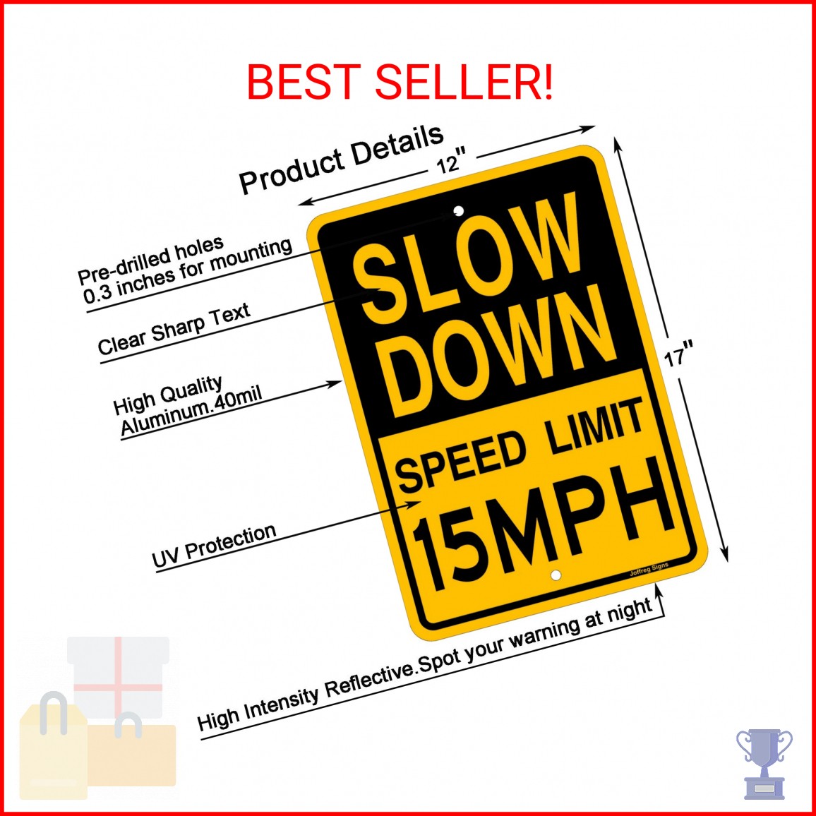 Joffreg Slow Down Speed Limit 15 MPH Sign,17 x12 Inches,Reflective Aluminum (2 P