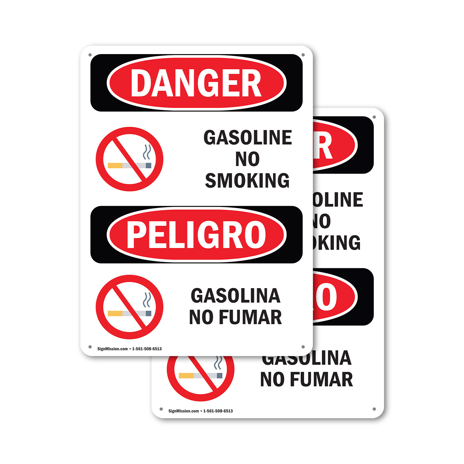 (2 Pack) Gasoline No Smoking Bilingual OSHA Danger Sign Decal Metal Plastic