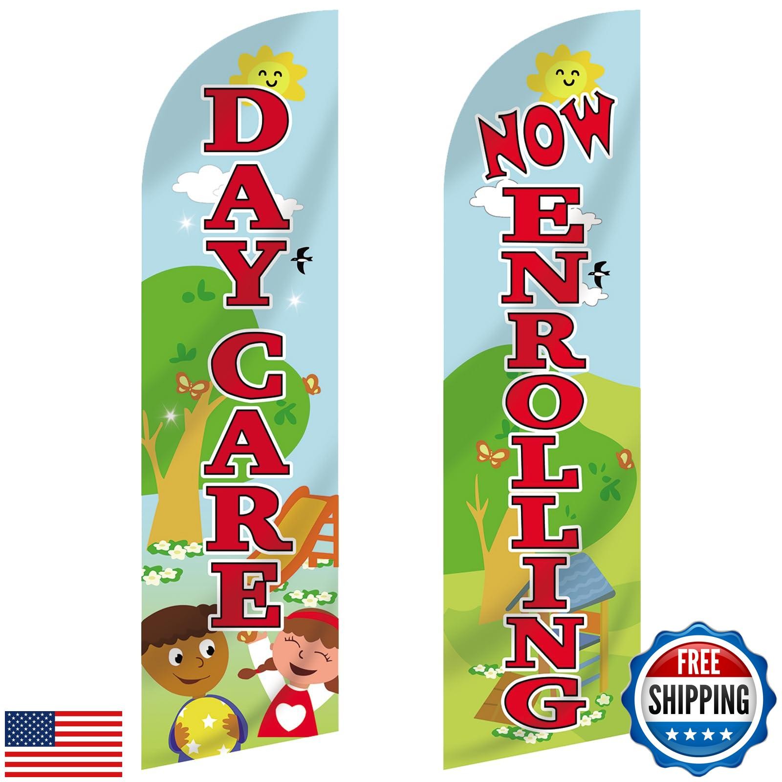 Mindsoft 2 Pcs Now Enrolling Day Care Feather Flag 3 ft x 11.5 ft Heavy Duty
