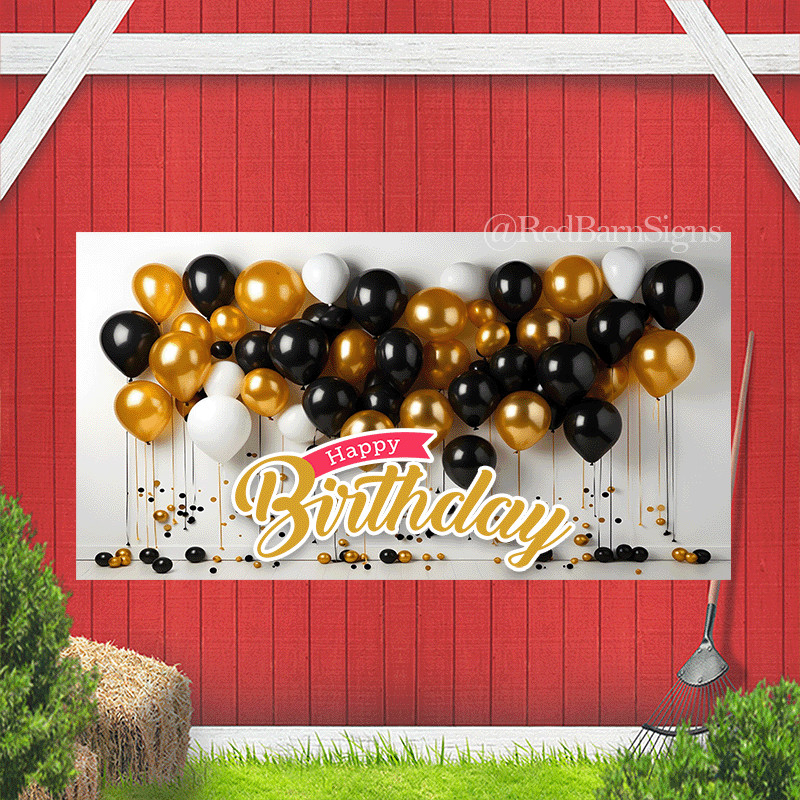 Happy Birthday Party celebration black and gold balloons