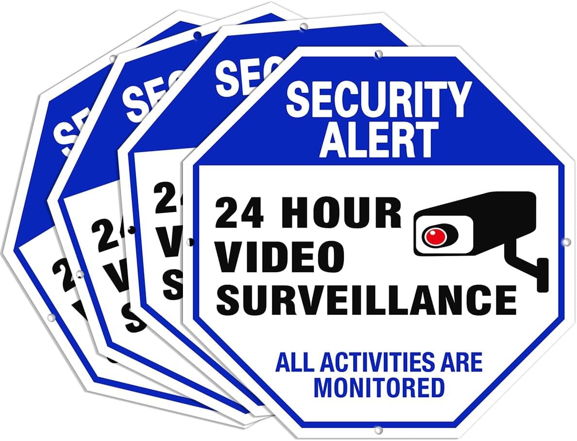 Video surveillance sign, 4-pack security camera signs, reflective