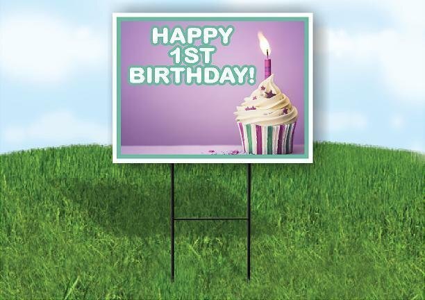 HAPPY 1ST BIRTHDAY PURPLE CUPCAKE Yard Sign Road with Stand LAWN SIGN