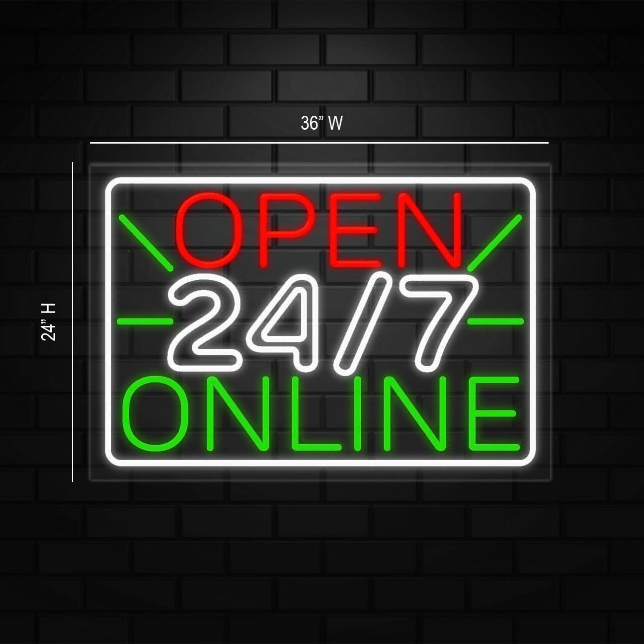 Open 24/7 Online Sign for Retail Displays | LED Flex Neon | 36″W x 24″H x 1″D