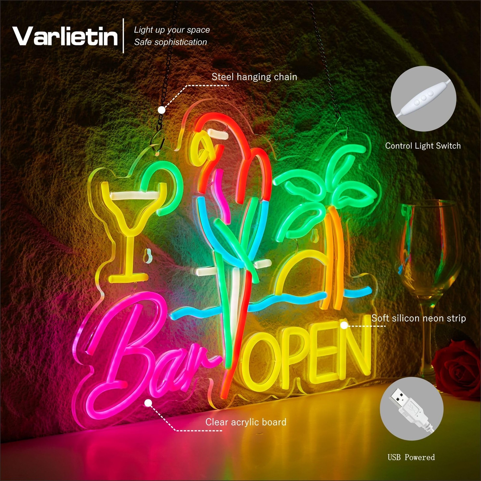 Bar Open Neon Sign for Wall Decor, Parrot Open Beer Bar LED Light Up Dimmable…