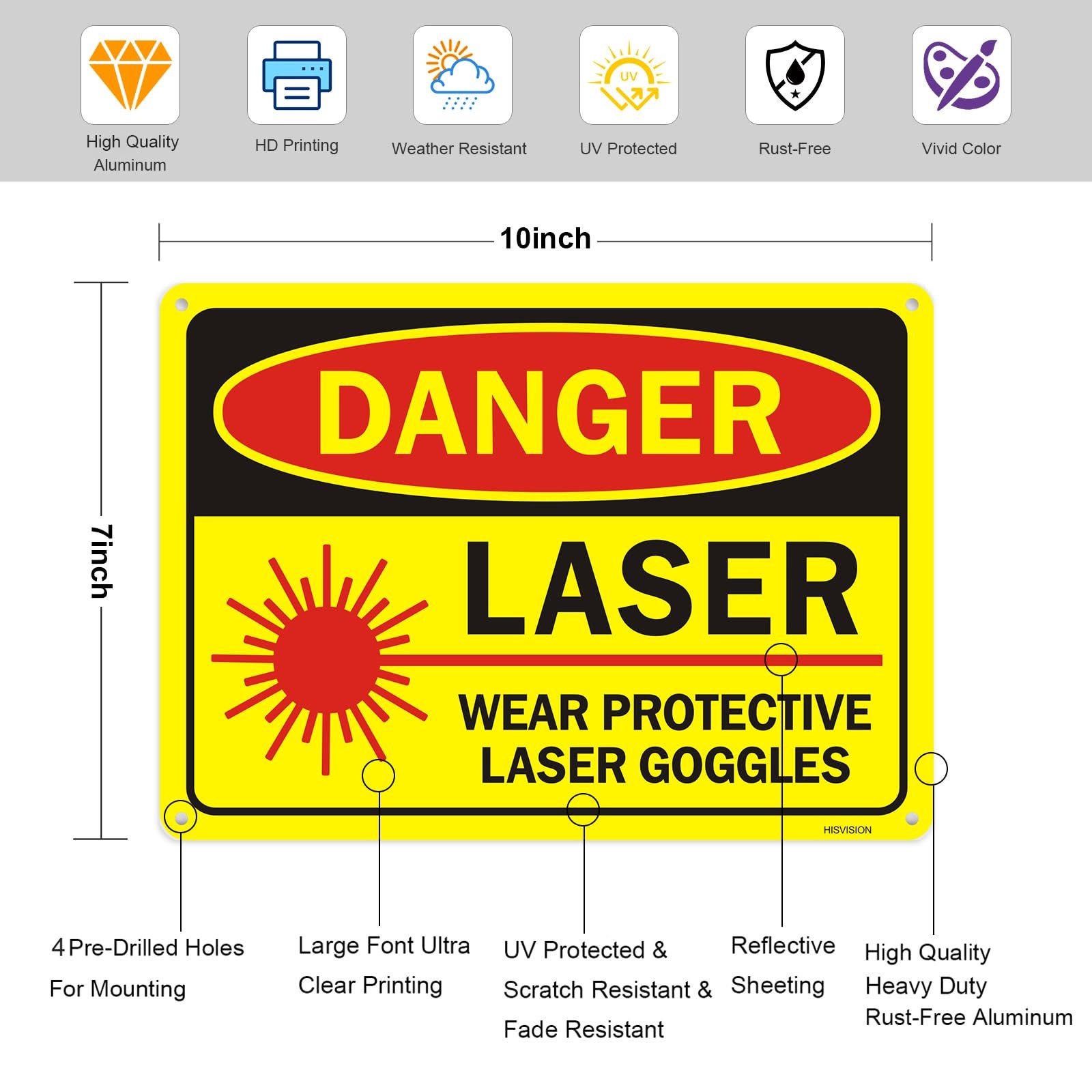 Danger Laser Sign Wear Protective Goggles Reflective Aluminum 10×7 Inch 2 PCS