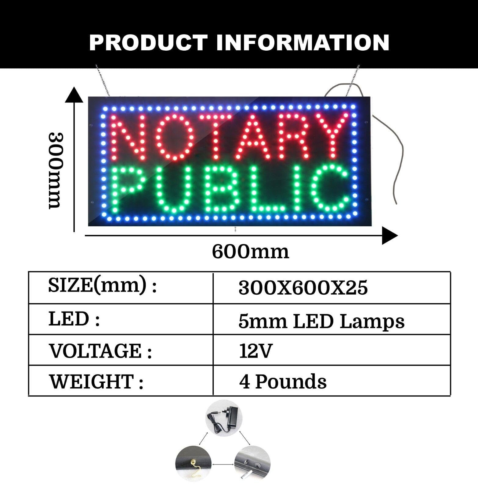 LED Notary Public Sign for Business Displays | Light Up Sign | 12″H x 24″W x 2″D