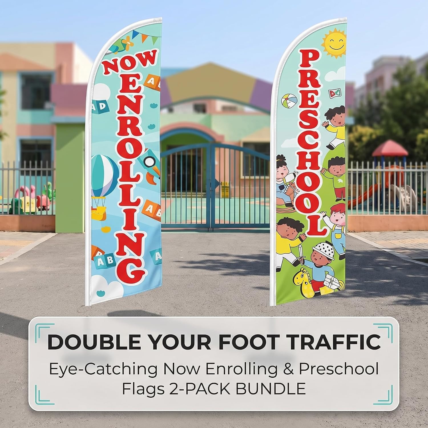 Now Enrolling Preschool Feather Flags Set of 2 12ft Advertising Banner No Pole