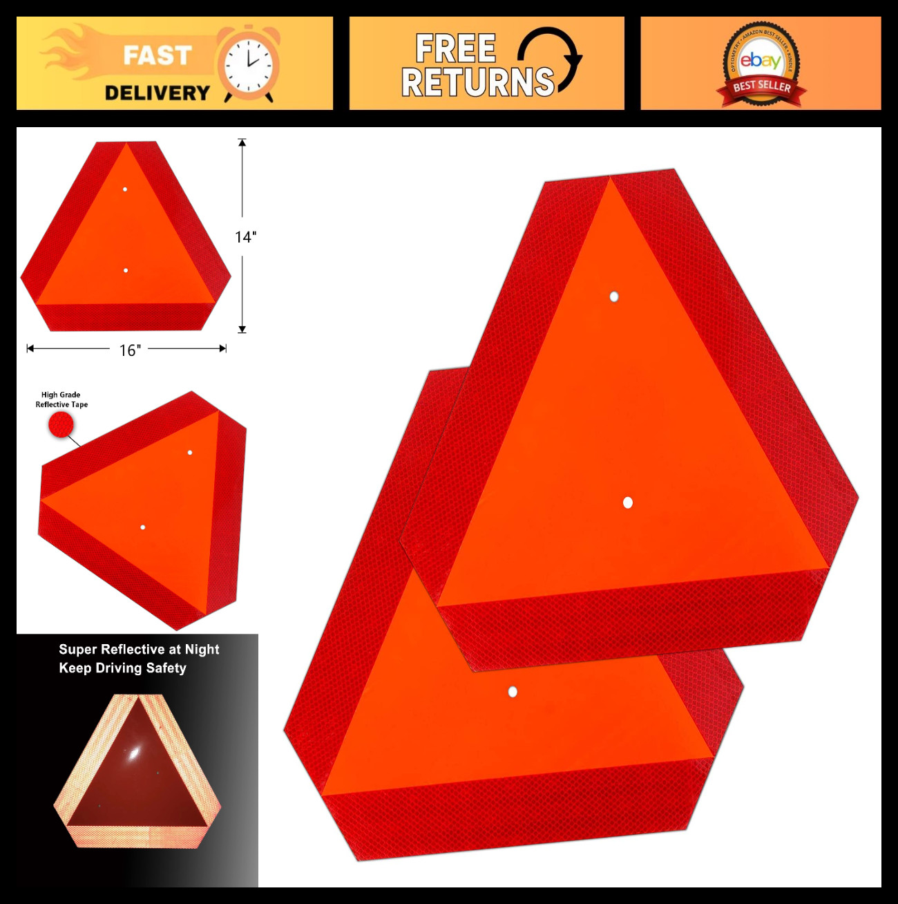 2PACK Reflective Slow Moving Vehicle Triangle Sign – 14″x16″ Durable Plastic for