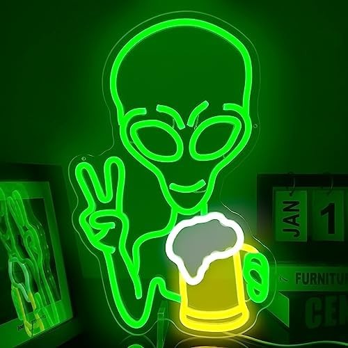 Alien Neon Sign Green Alien Beer Neon Light Dimmable LED Signs for Wall Decor Li