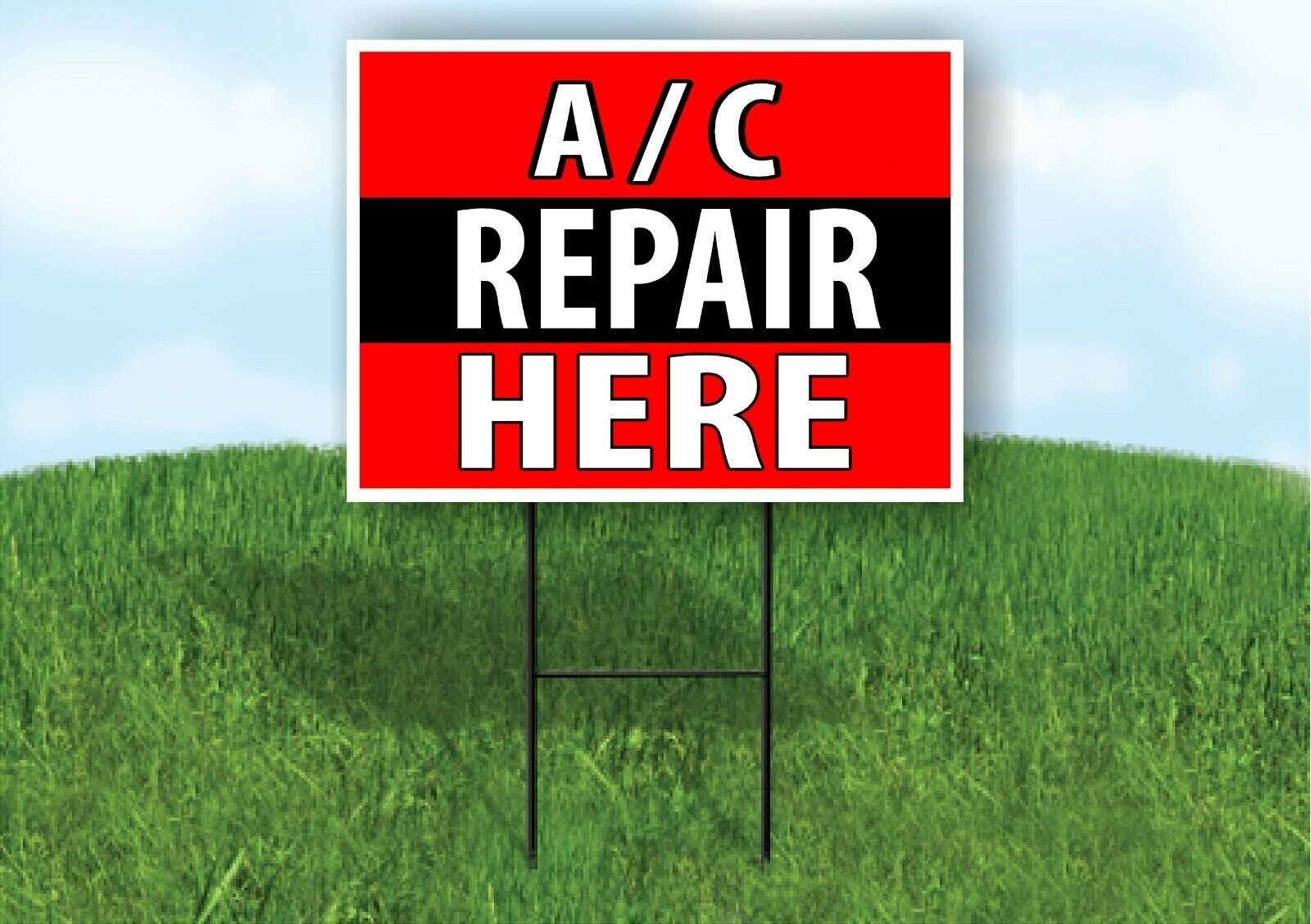 AC REPAIR HERE BLACK STRIPE Plastic Yard Sign ROAD SIGN with Stand