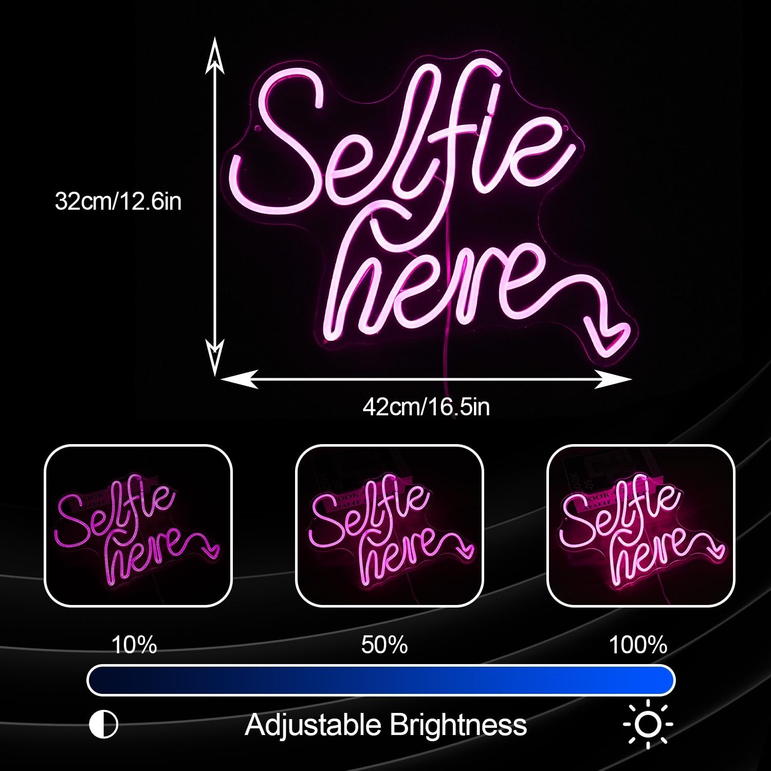 Selfie Here Neon Sign Dimmable Pink Words Light Up Sign for Wall Decor Selfie…