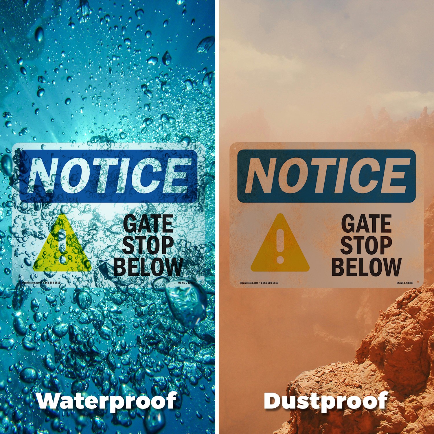 Gate Stop Below OSHA Notice Sign Metal, Plastic, Or Decal – 5 or 10 Pack