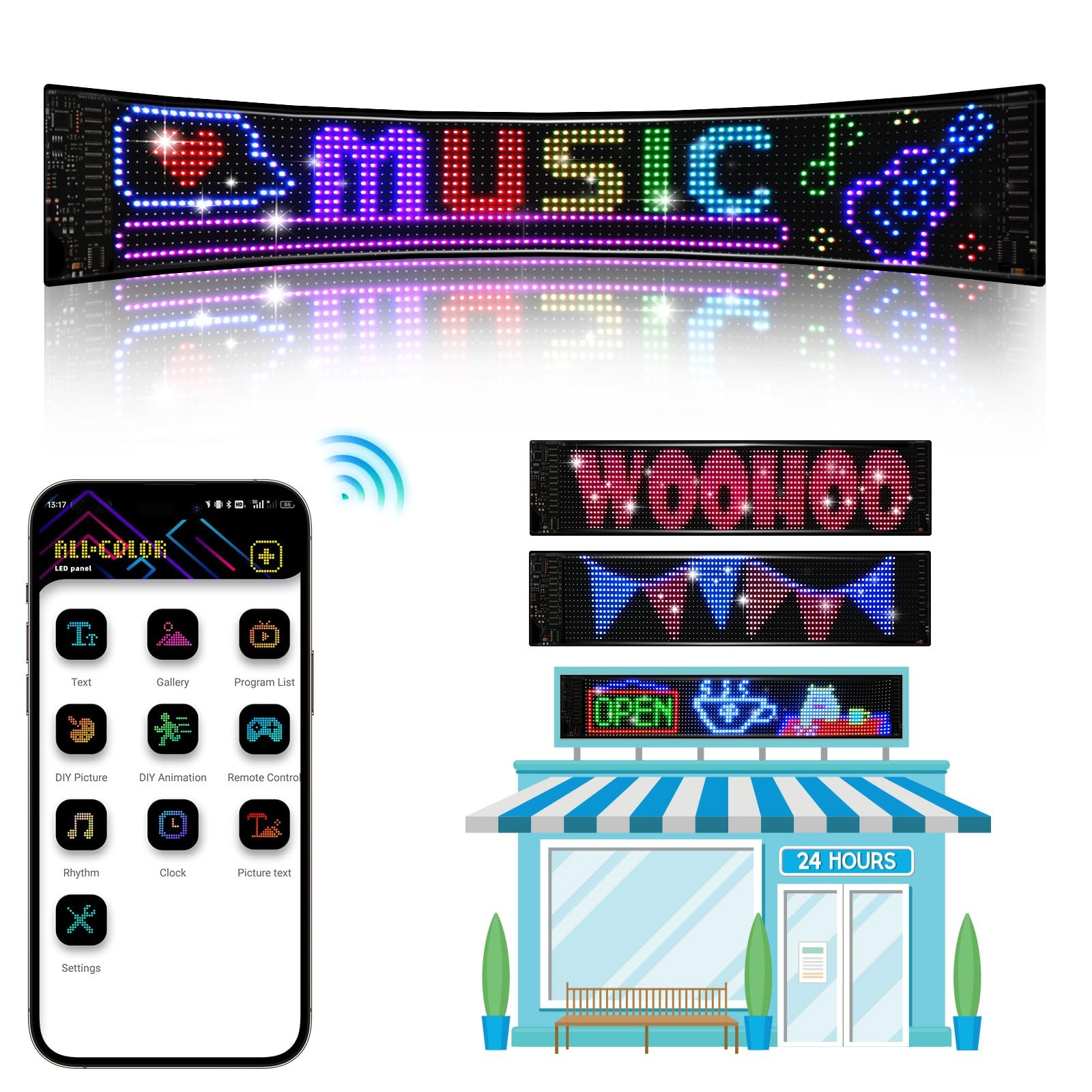 Programmable Scrolling LED Sign, 23.4″x4.7″, USB Flexible Digital Sign, APP C…