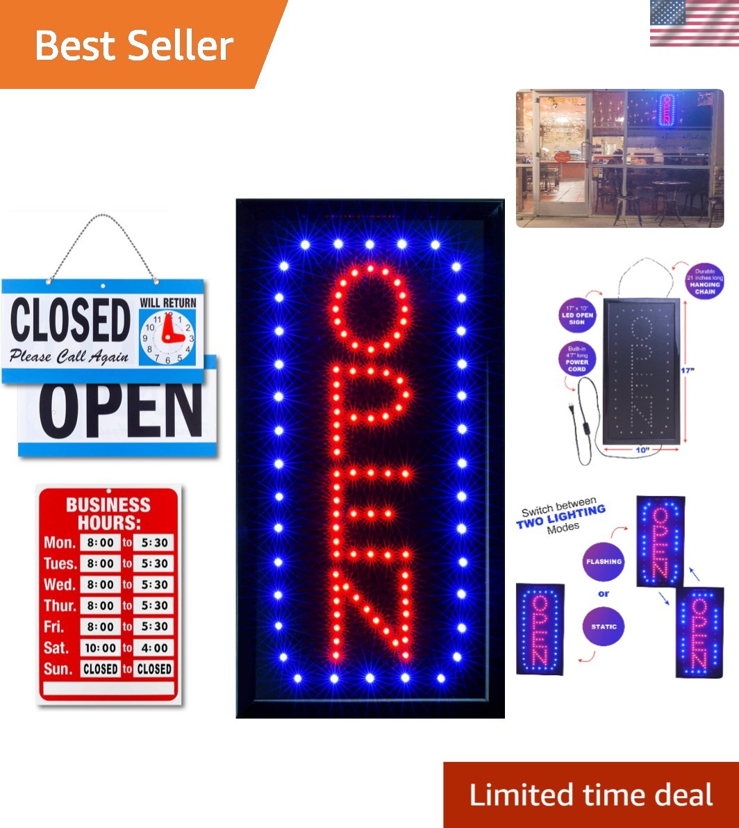 Professional LED Open Sign with Business Hours & Closed Signs – Easy Install 17″