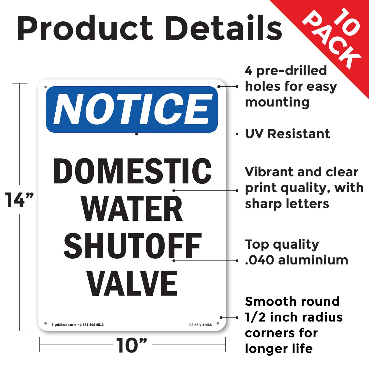 Domestic Water Shutoff Valve OSHA Notice Sign Metal, Plastic, Decal 5 or 10 Pack