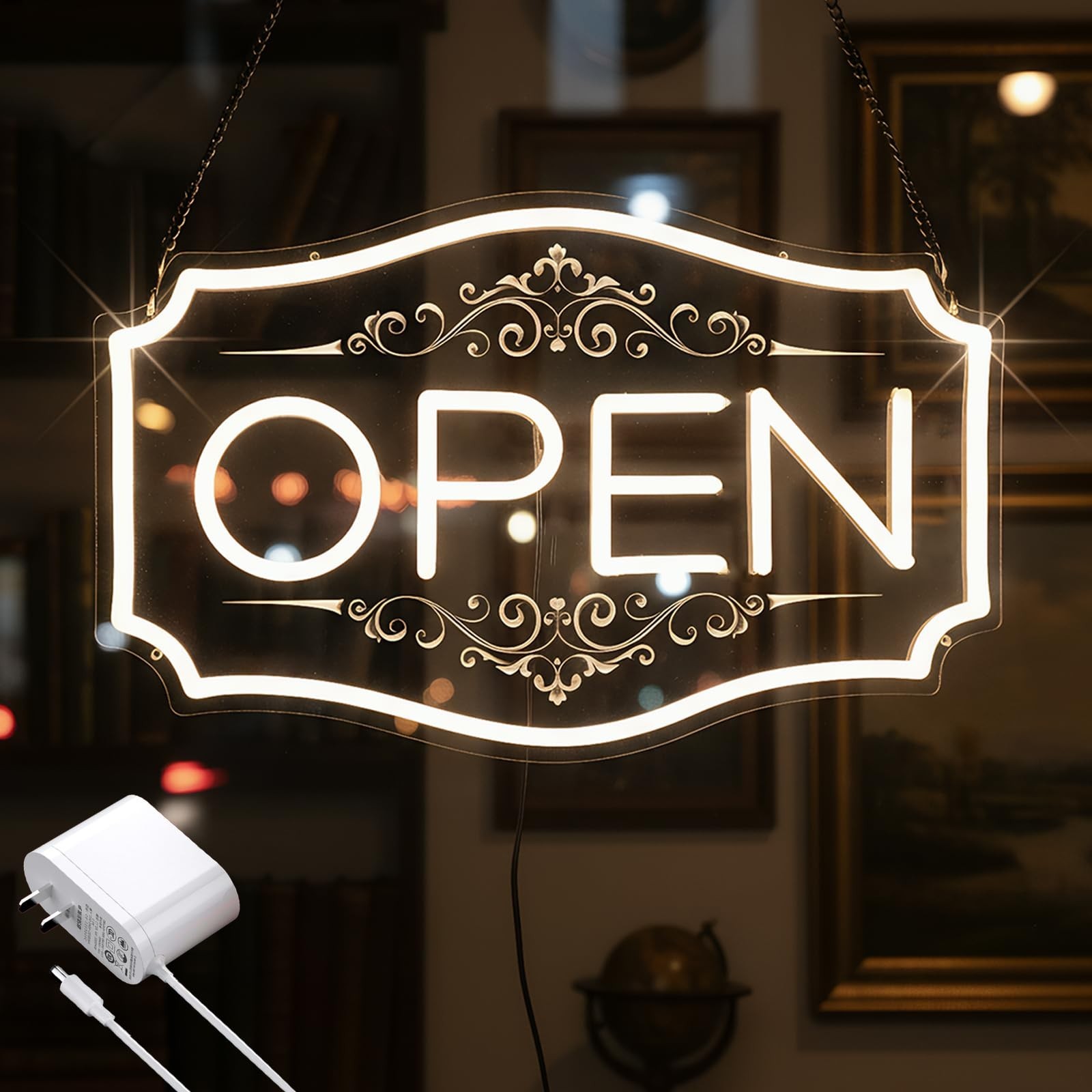 Dimmable LED Open Sign for Business – Bright Neon Light, 16.5″x10.5″, Warm White