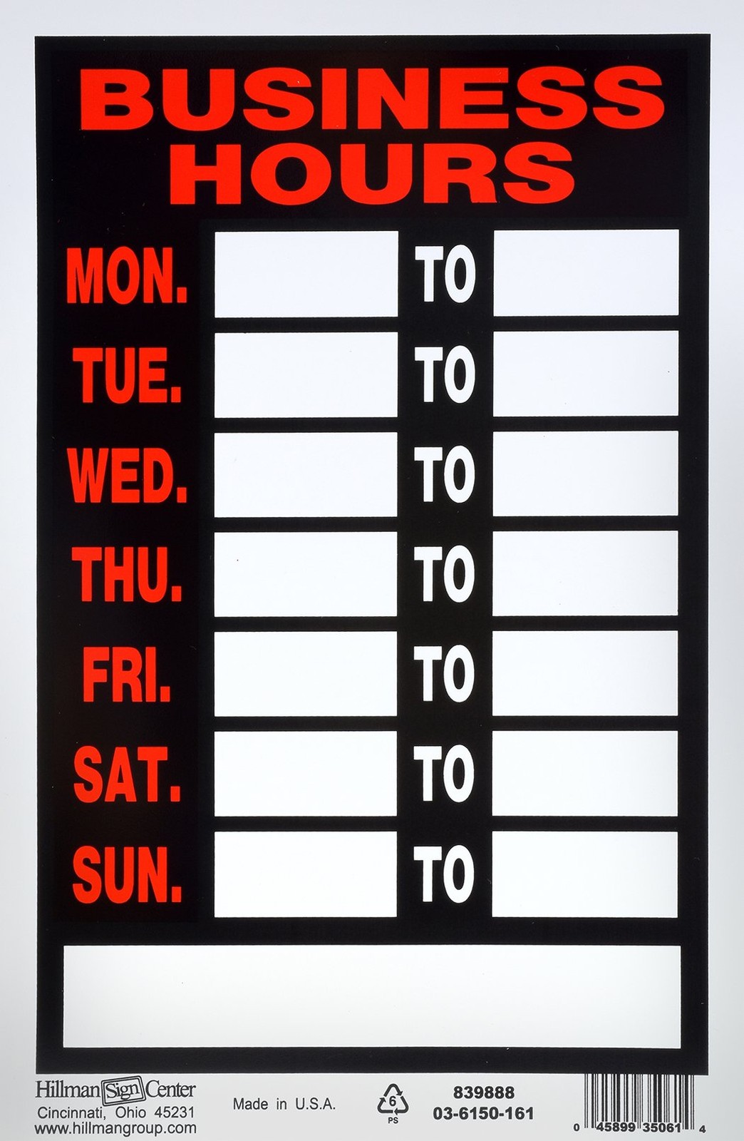839888 Business Hours Sign with Space for Fill in, Black, Red and White Plast…