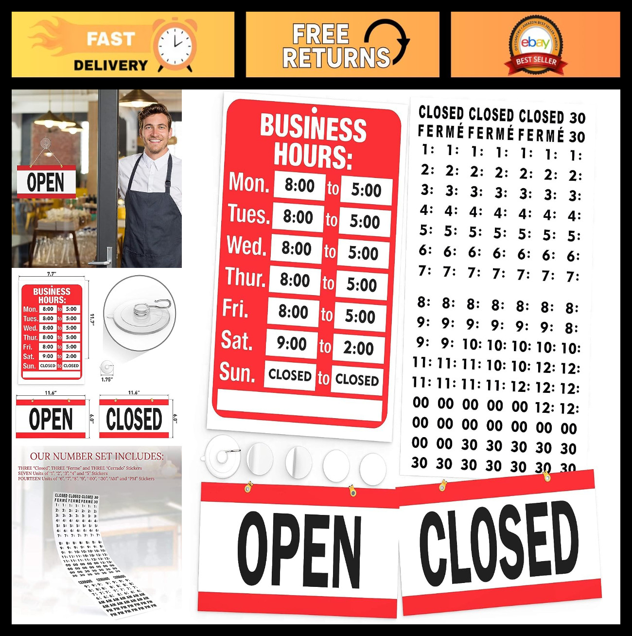 “Open Closed Sign for Business – Bright Red & White Hours Sign for Glass Door –