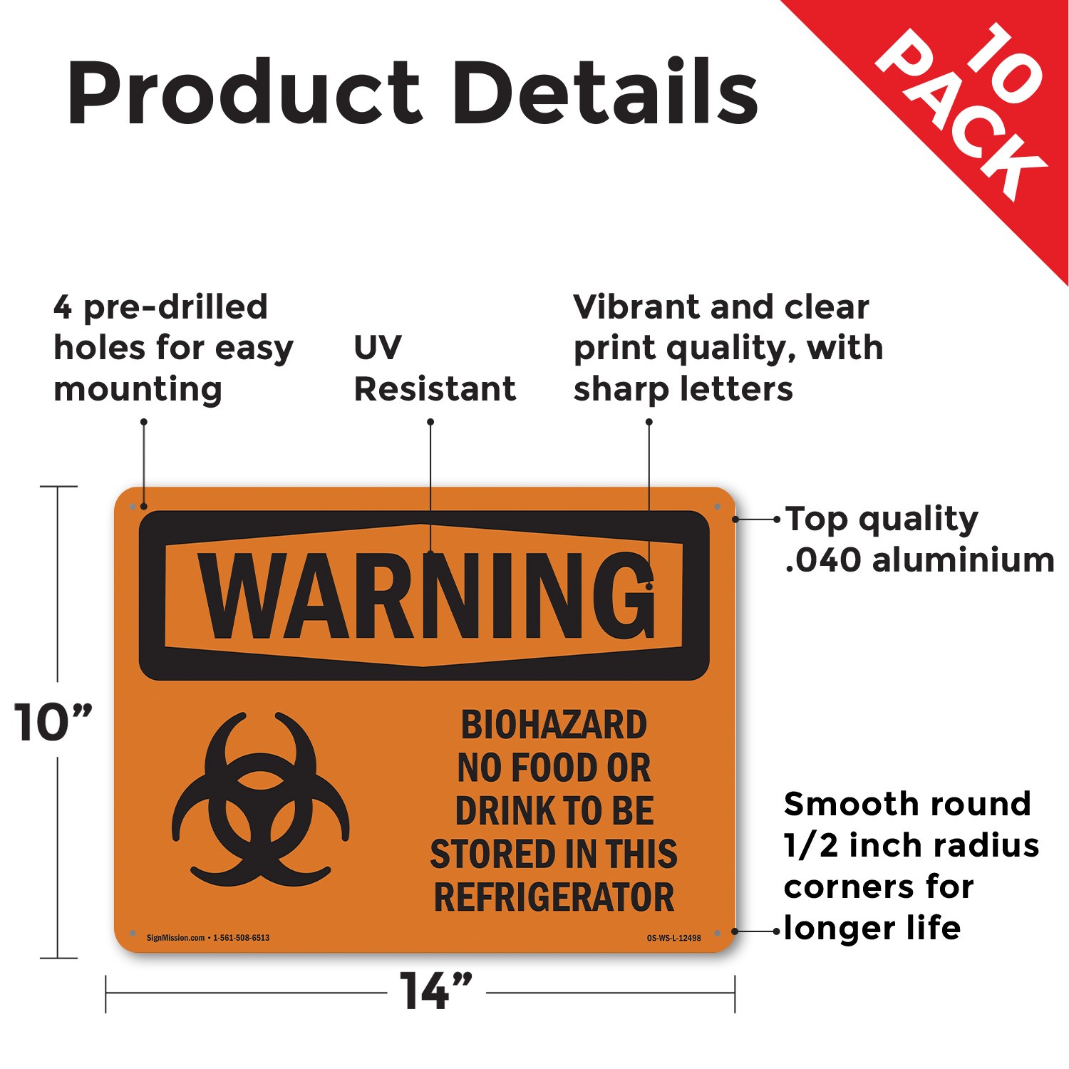 Biohazard No Food Or Drink OSHA WARNING Sign Metal, Plastic, Decal 5 or 10 Pack