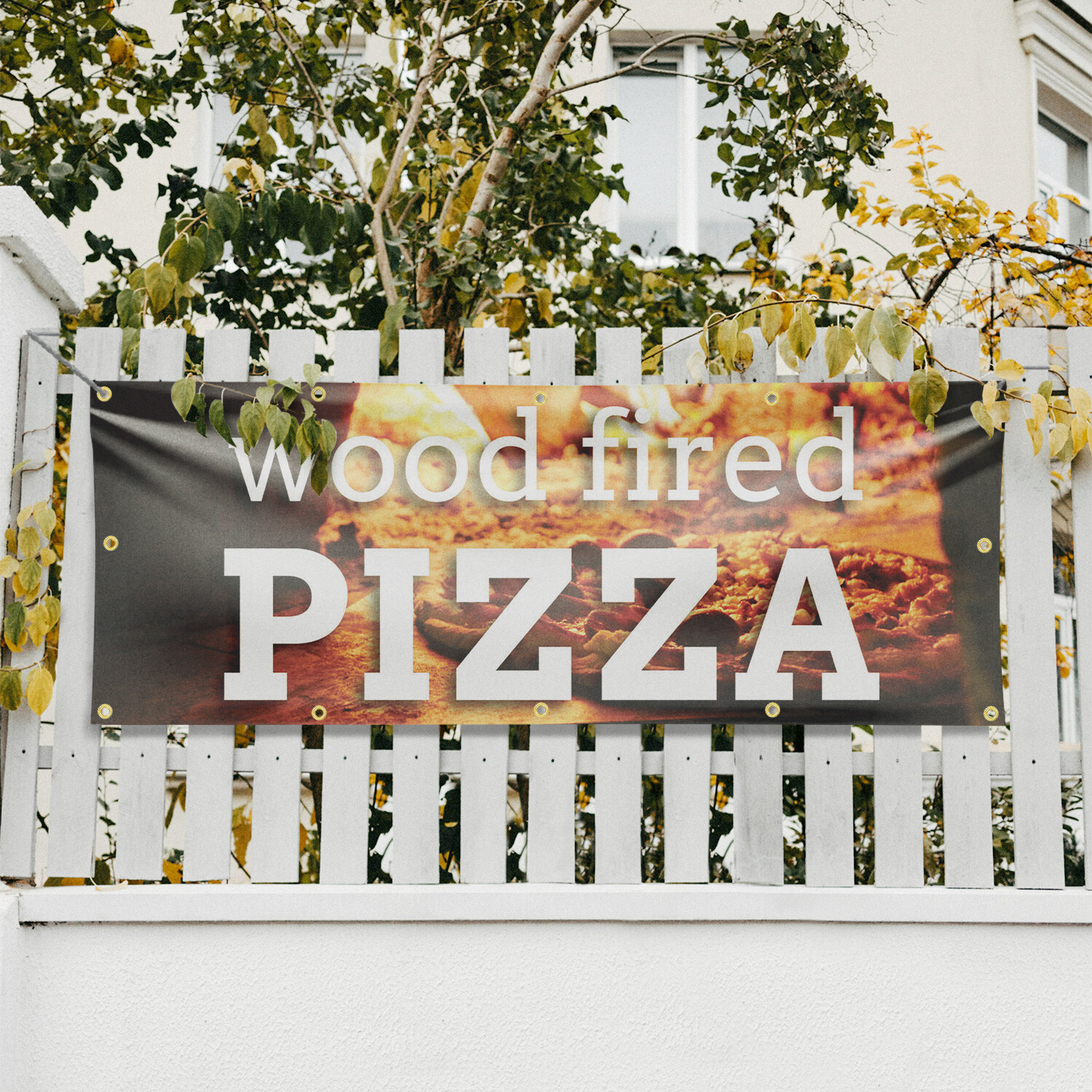 Wood Fired Pizza Vinyl Banner Sign with Metal Grommets Heavy-Duty Single-Sided