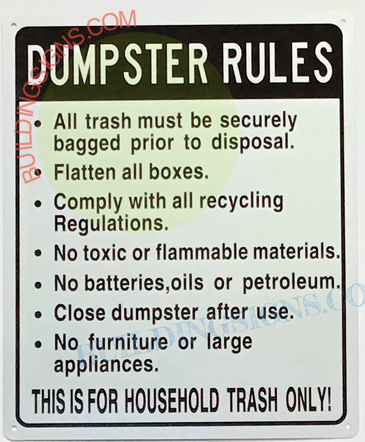 Dumpster Rules Sign- for Household Trash ONLY (White, Reflective)-REF24-1027