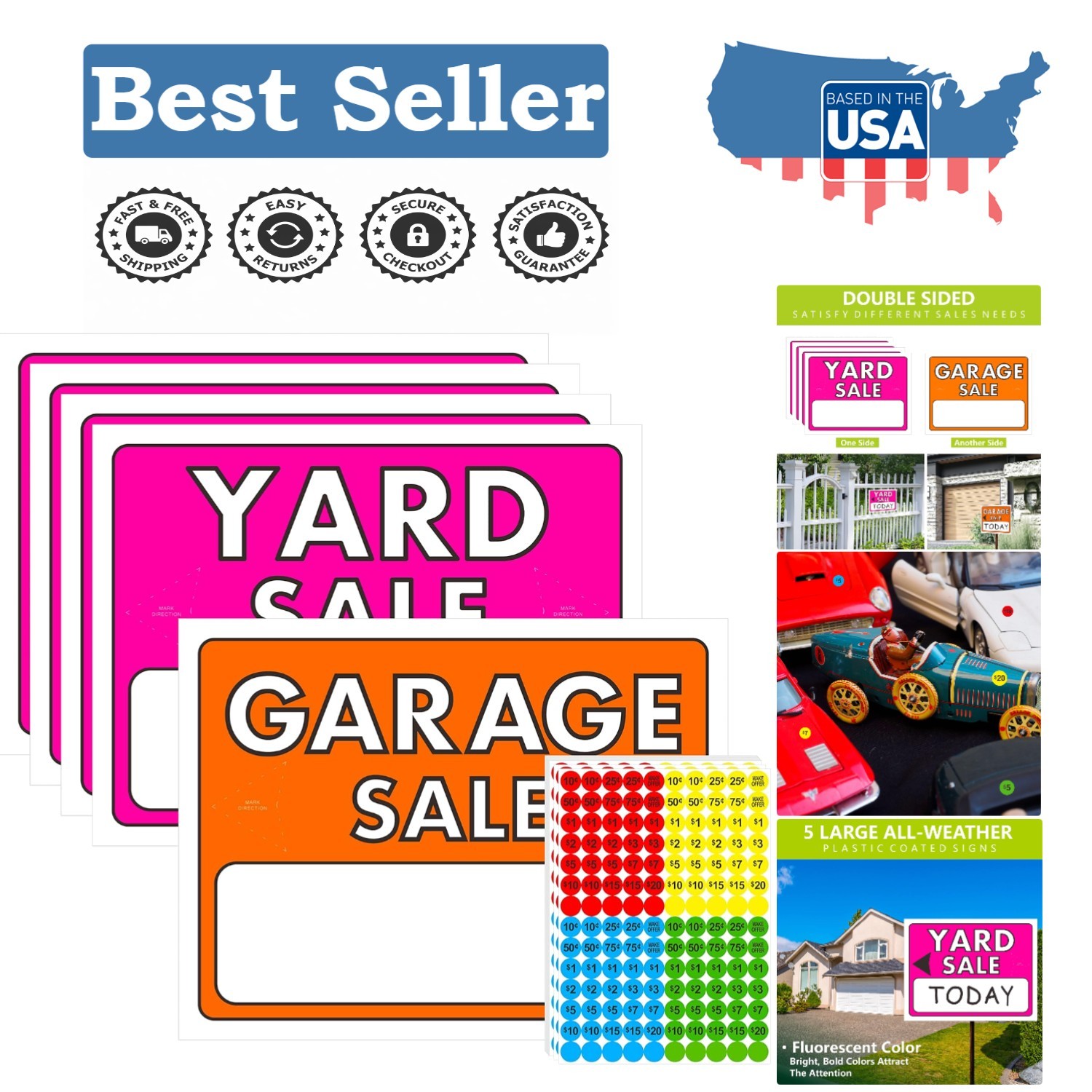 All-Weather 5-Pack Yard Sale Sign Kit with 1400 Multi-Color Stickers for Sales