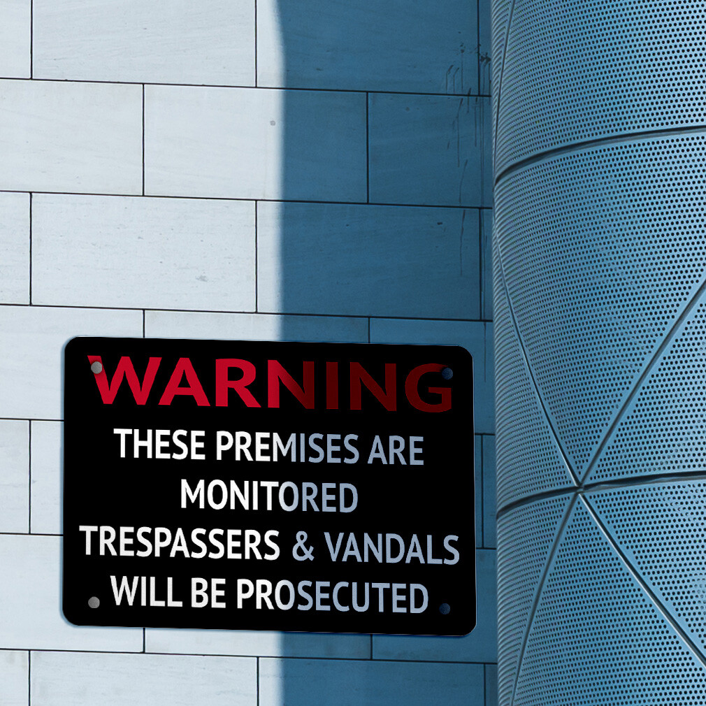 Horizontal Metal Sign Premises Monitored Trespassers & Vandals Prosecuted Black