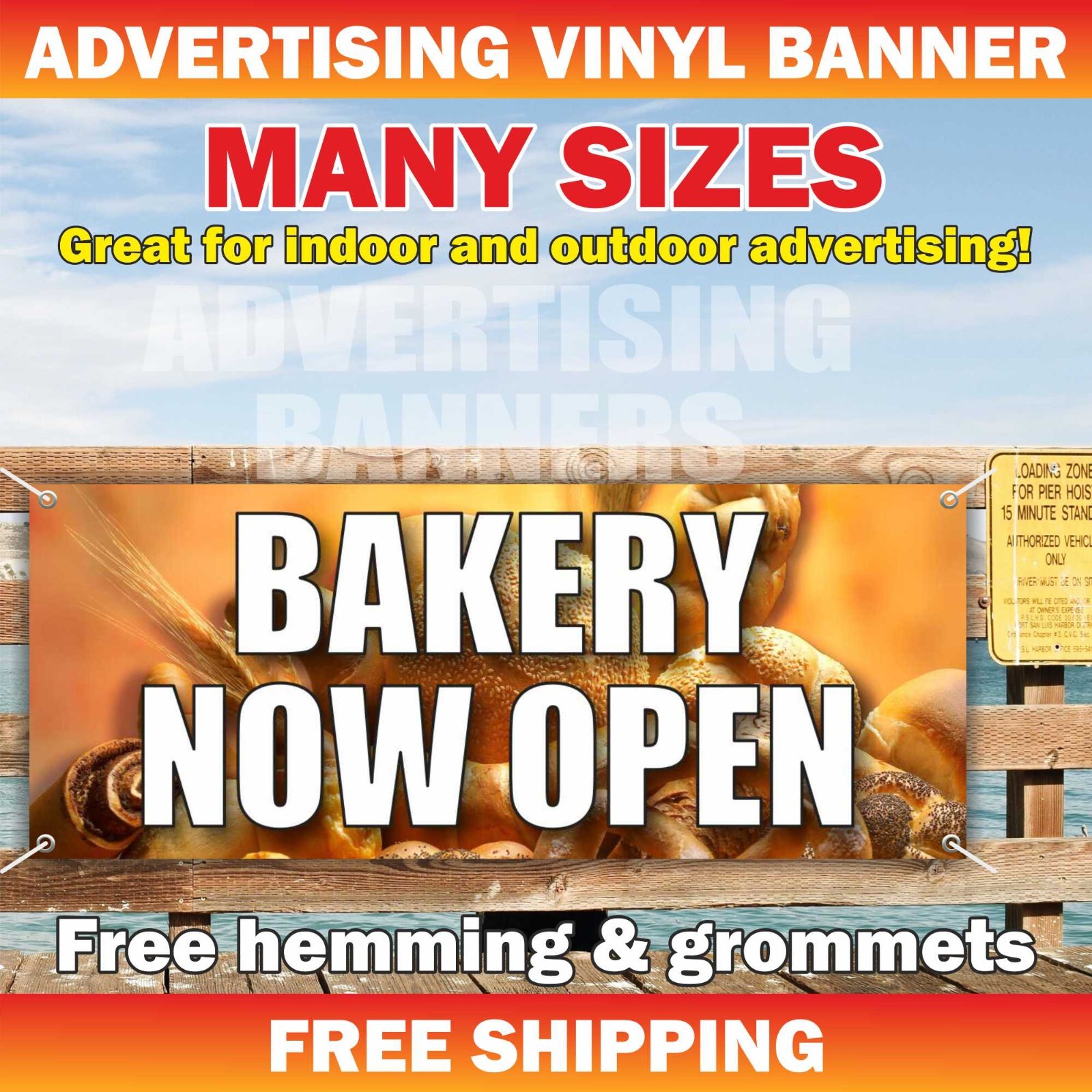 BAKERY NOW OPEN Advertising Banner Vinyl Mesh Sign Donuts Croissant Cookies food