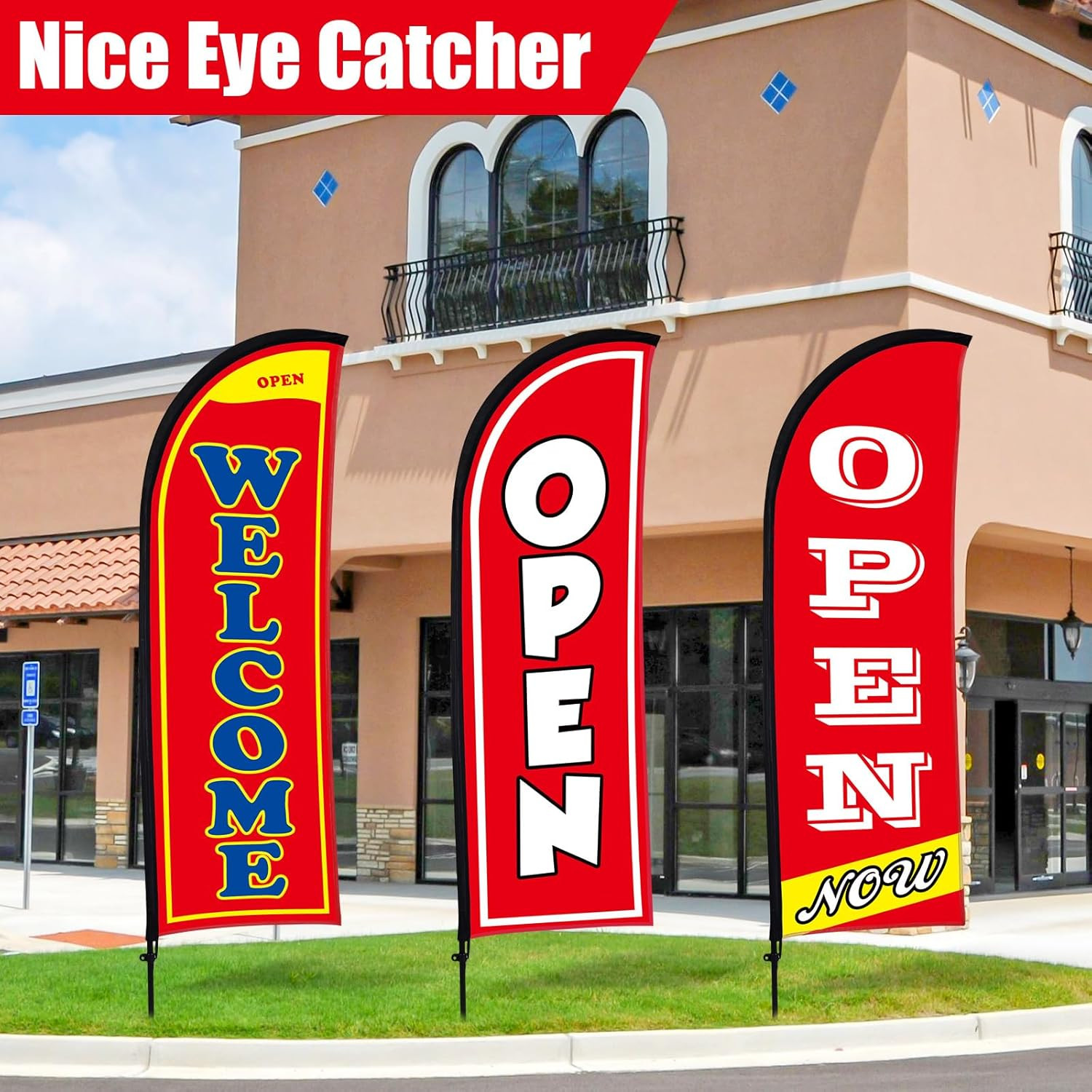 3 Sets Now Open Feather Flag Banner for Business Advertising 7 Feet Tall Grand O