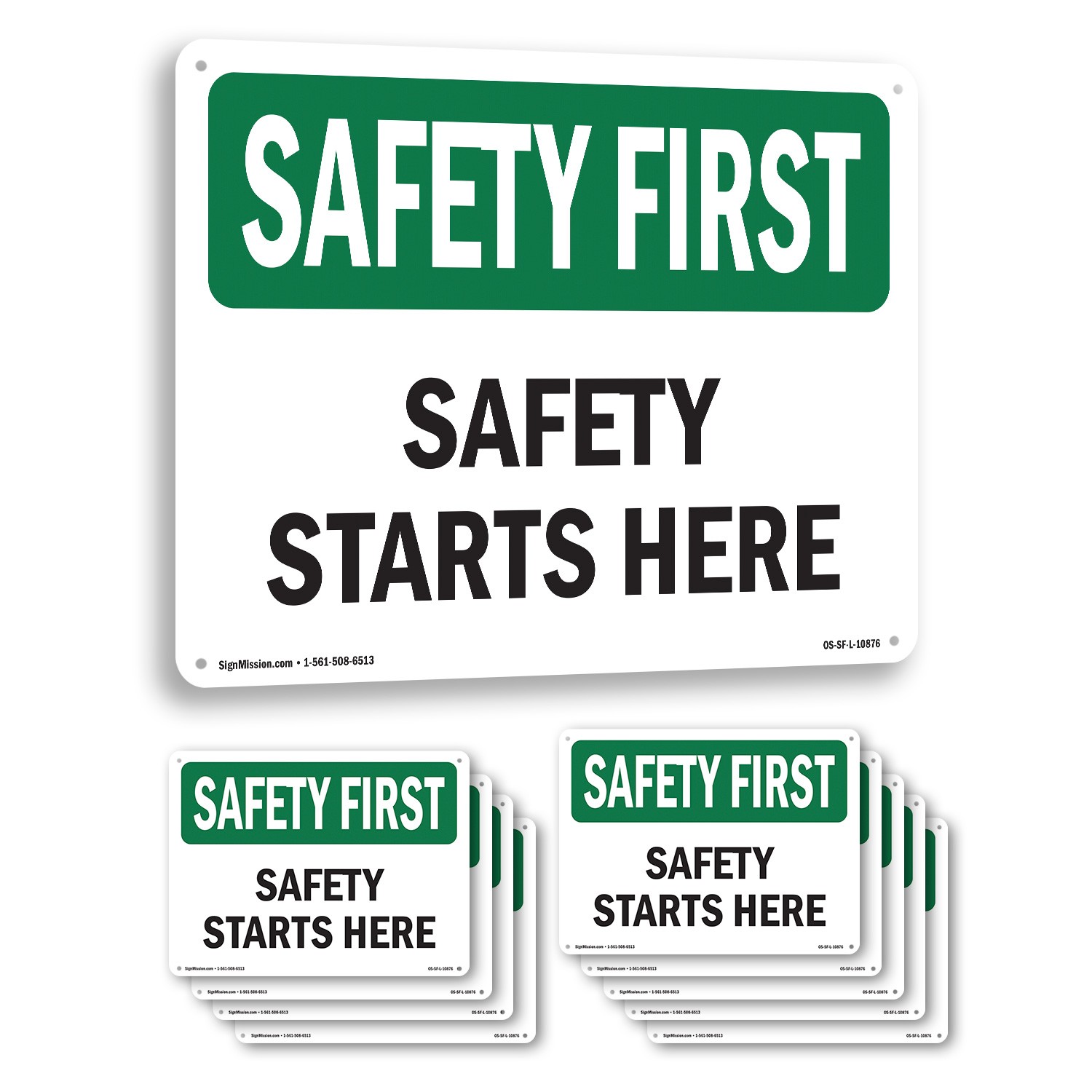 Safety Starts Here OSHA SAFETY FIRST Sign Metal, Plastic, Decal – 5 or 10 Pack