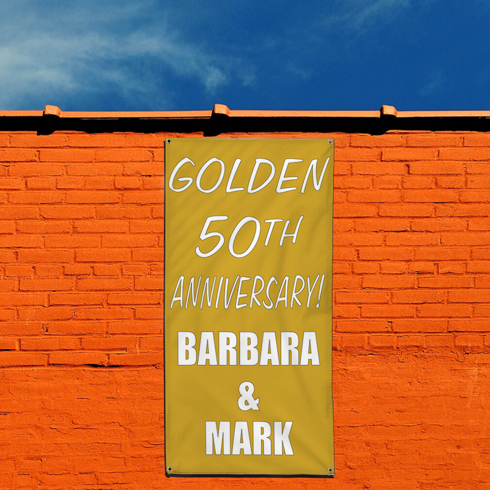 Vertical Vinyl Banner Multiple Sizes Golden 50Th Anniversary! Custom Names Gold