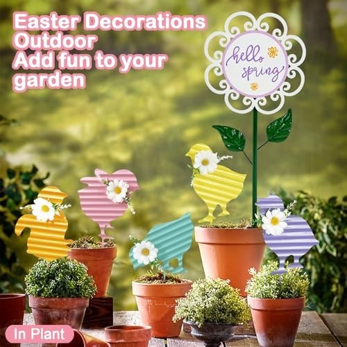Easter Outdoor Decorations – 6 Pack Metal Chicken Flower Yard Stakes, Spring Gar