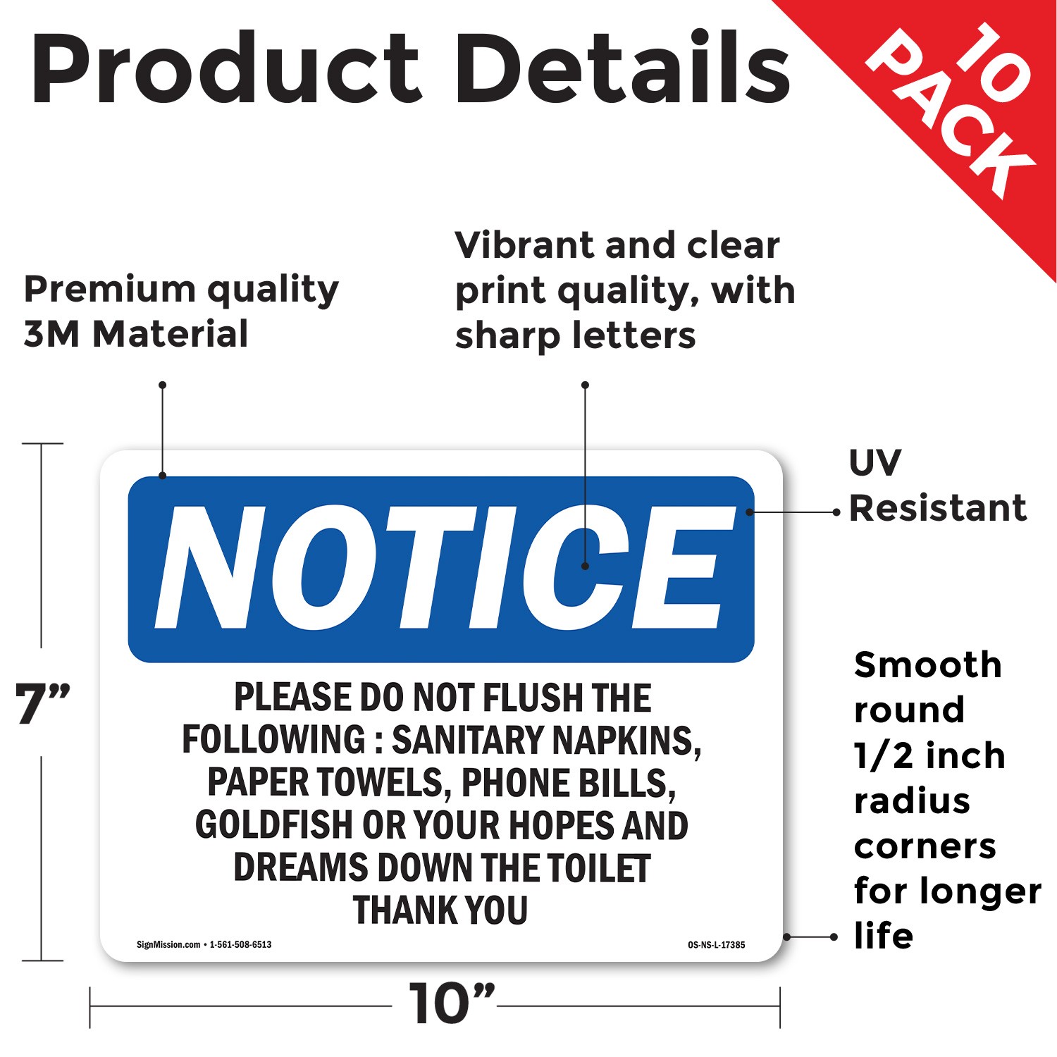 Please Do Not Flush The Following Sanitary OSHA Notice Sign, Decal 5 or 10 Pack
