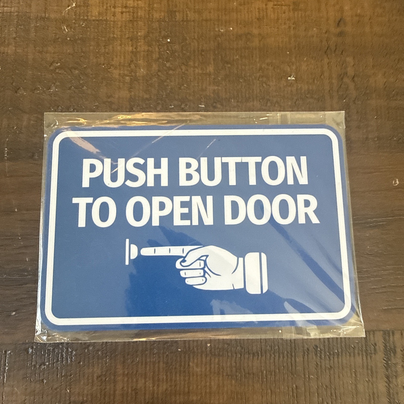 Classic Framed Push Button to Open Door Finger Pointing Left Sign Blue 4″ x 6″