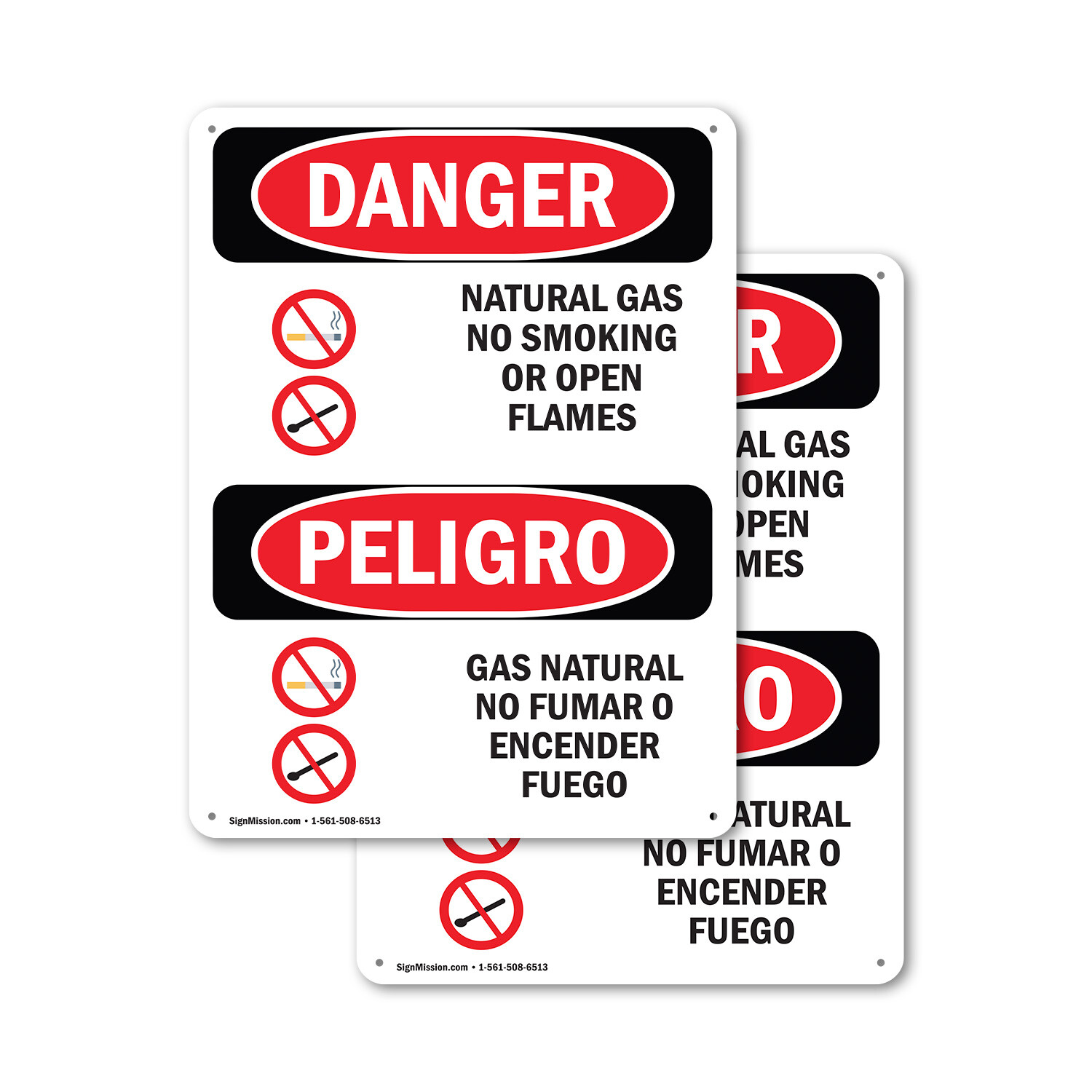 (2 Pack) Natural Gas No Smoking Bilingual OSHA Danger Sign Decal Metal Plastic