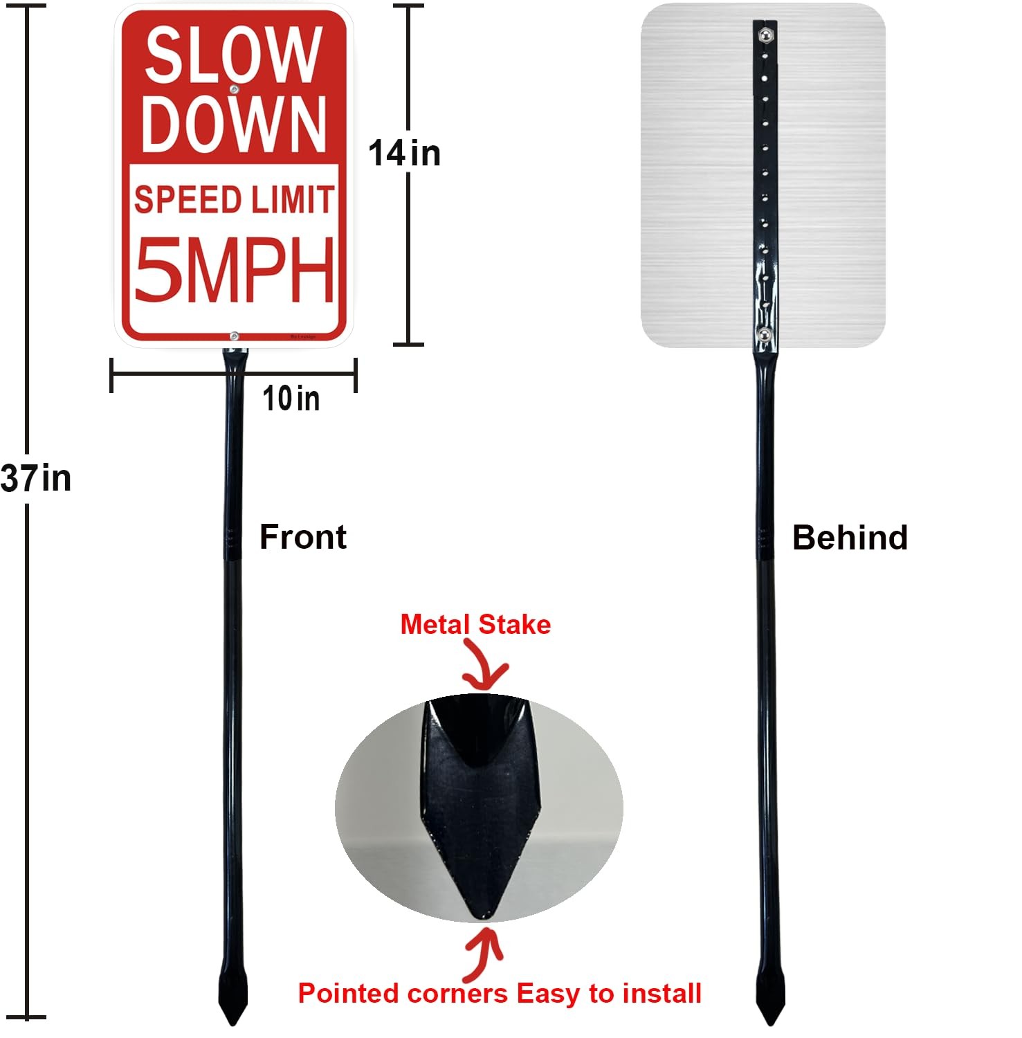 1 PCS Slow Down Speed Limit 5 MPH Sign 36 Inch Stake 14×10 Inch Reflective