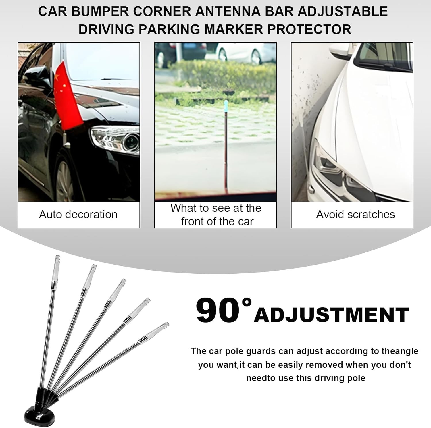 Car Bumper Corner Antenna Pole Adjustable Chrome Poles Set 11x2x1.5 in 2 Pk