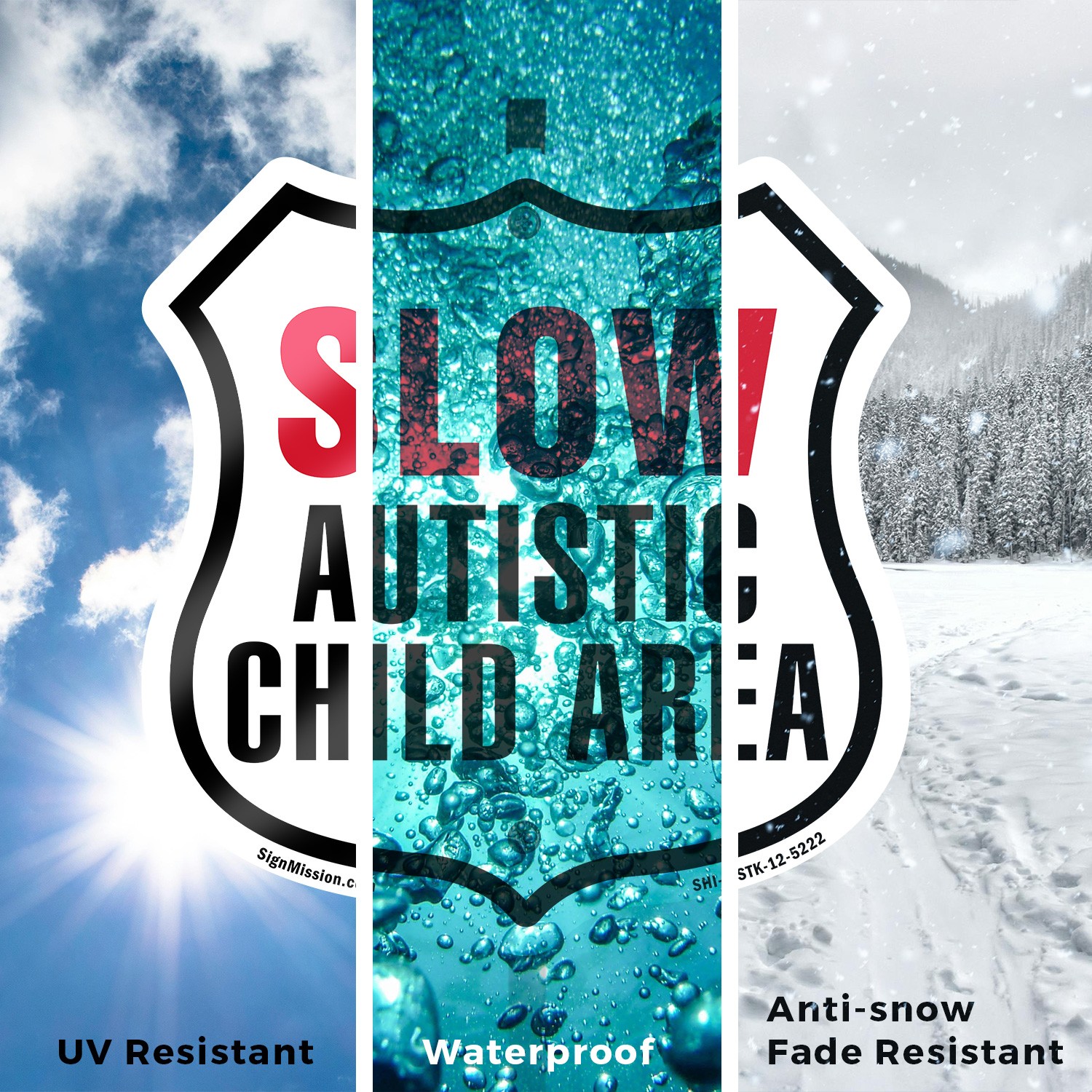 Slow Autistic Child Area Shield Shaped Sign With Stake Crafted in the USA