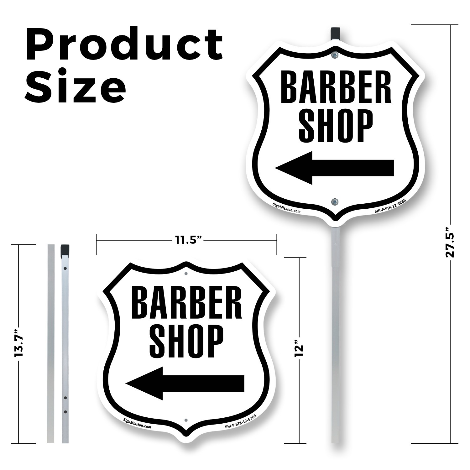 Barber Shop Left Arrow Shield Shaped Sign With Stake Crafted in the USA