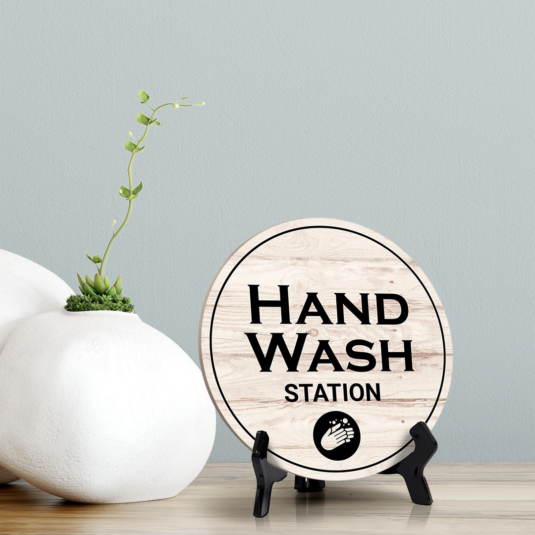 Round Hand Wash Station, Bathroom Table Sign with Acrylic Easel (5 x 5″)