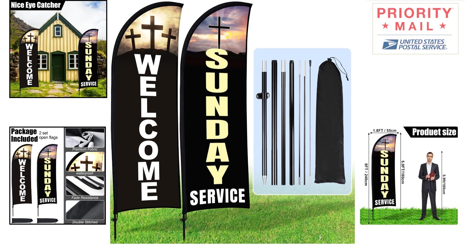 8ft Welcome Swooper Flags Set of 2 Outdoor Event Banners with Poles and Stake