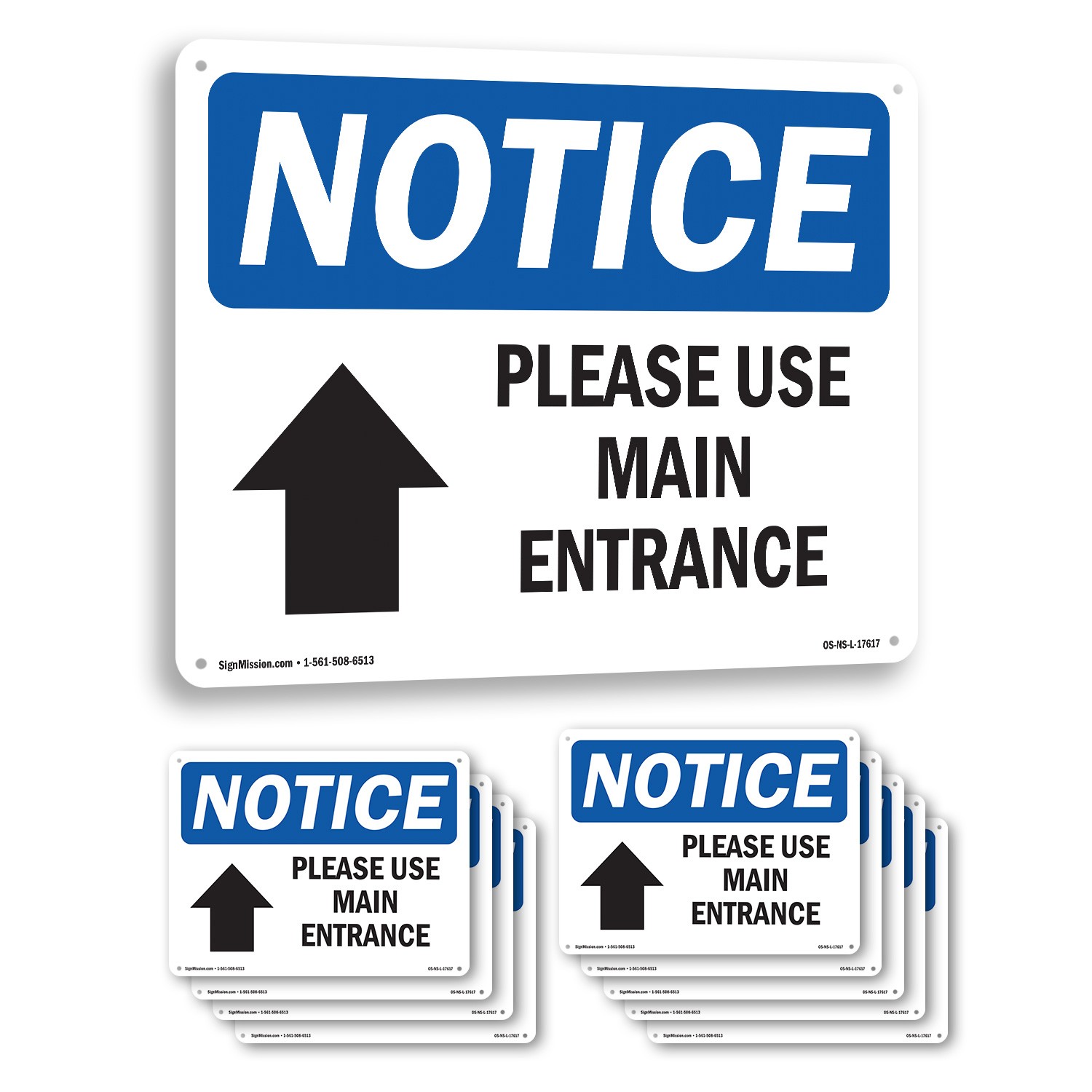 Please Use Main Entrance [Up Arrow] OSHA Notice Sign Or Decal – 5 or 10 Pack