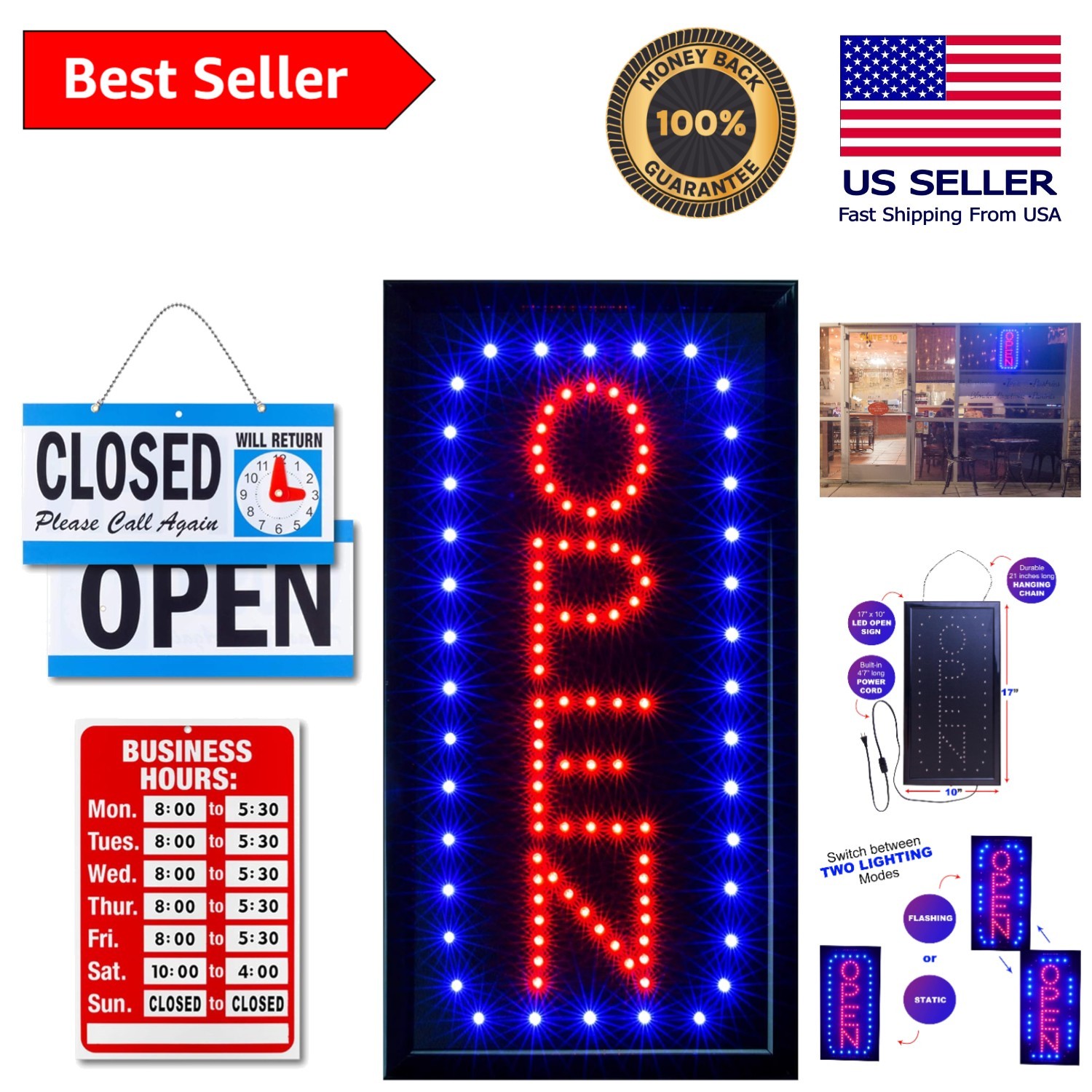 Illuminated LED Open Sign with Customizable Business Hours – 1-